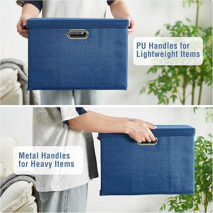 Roobyl 17" Large Collapsible Storage Bins with Lids, Stackable Closet Organizers with PU Handle and Labels, 3-Pack Decorative Fabric Storage Boxes for Home, Bedroom, Closet, Office, Nursery(Navy)