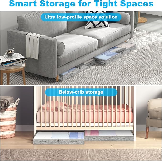 4 Inch Low Profile Under Bed Storage Drawer 4 Pack, Lightweight Underbed Clothes Storage Container Bins with NO STURCTURE, Shallow Storage Bag for Dorm & Home, With Clear Lids & Water-Resistant Fabric