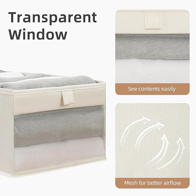 STORAGE MANIAC 6 Pack Storage Bins with Clear Window, Storage Boxes for Shelves, Sturdy Foldable Closet Organization Fabric Shelf Basket for Toy, Towel, Book, Jeans, Offices, Dorm, Wardrobe, Beige