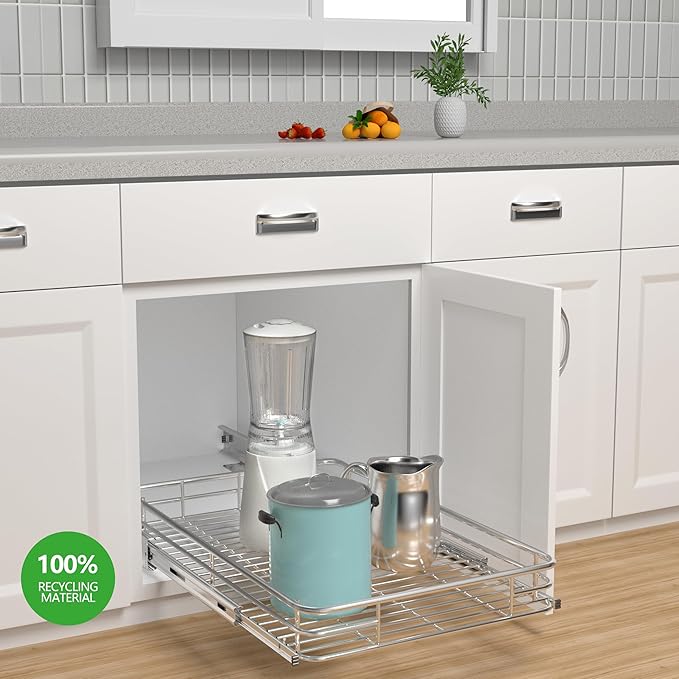 JOWBOOW Pull Out Cabinet Organizer (20" W x 21" D), Put Out Shelves for Kitchen Cabinets, Roll Out Drawers Heavy-Duty Metal Sliding Shelf, Bottom Mount