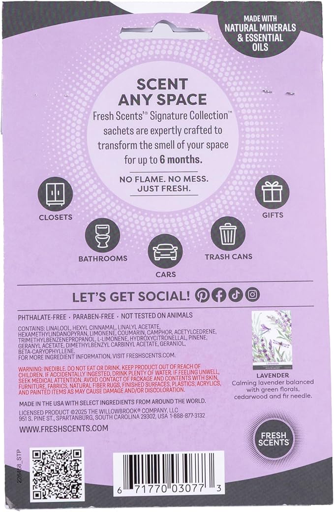 Fresh Scents Scented Sachets | Lavender | Home Fragrance | Long Lasting (Up to 6 Months) | Air Freshener for Closets, Drawers, & Cars | 6 Pack