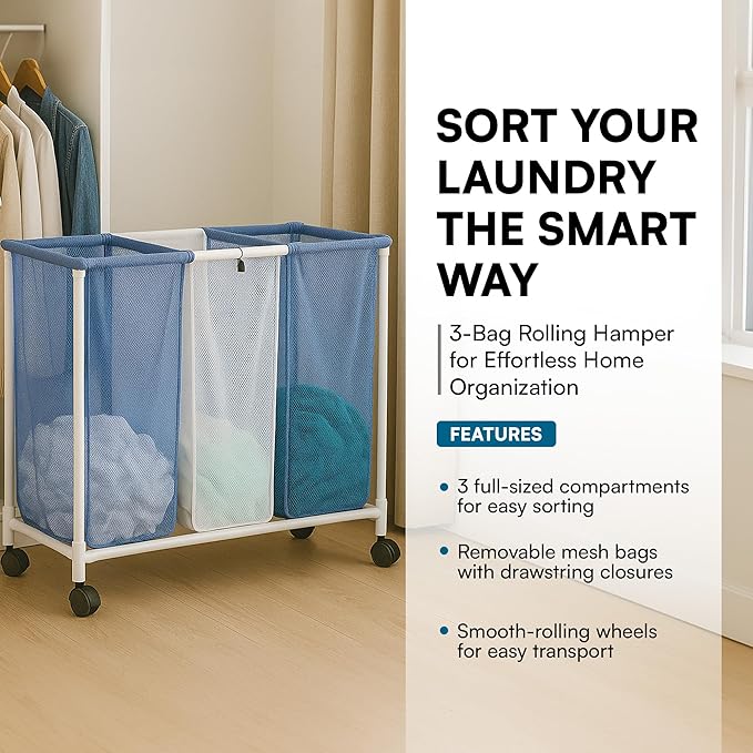 Honey-Can-Do HMP-01629 3 bag mesh laundry sorter, 30.5" x 15.3" x 30" , Blue/White