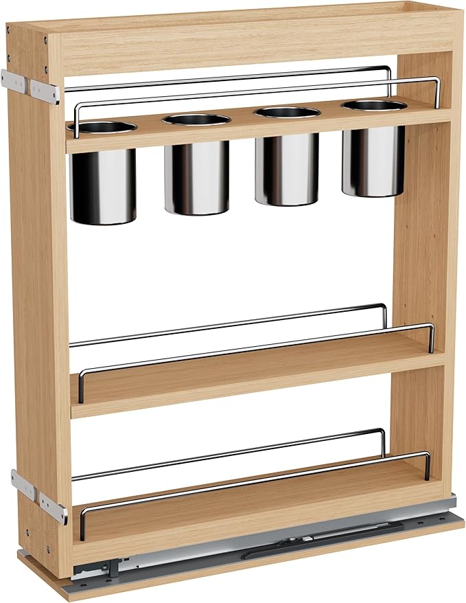 DINDON Pull Out Spice Rack Cabinet Organizer, (5" W x 21.9" D x 25.2" H) Multi-Use Soild Wood Pull Out Cabinet Organizer With 4 Movable Stainless Steel Cutlery Storage Buckets for Kitchen Organization