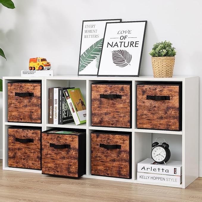 Stero Fabric Storage Cubes, 6 Pack Foldable Storage Bins with Handle, 11 Inch Box for Shelves, Closet, Organizer, Rustic Brown and Black