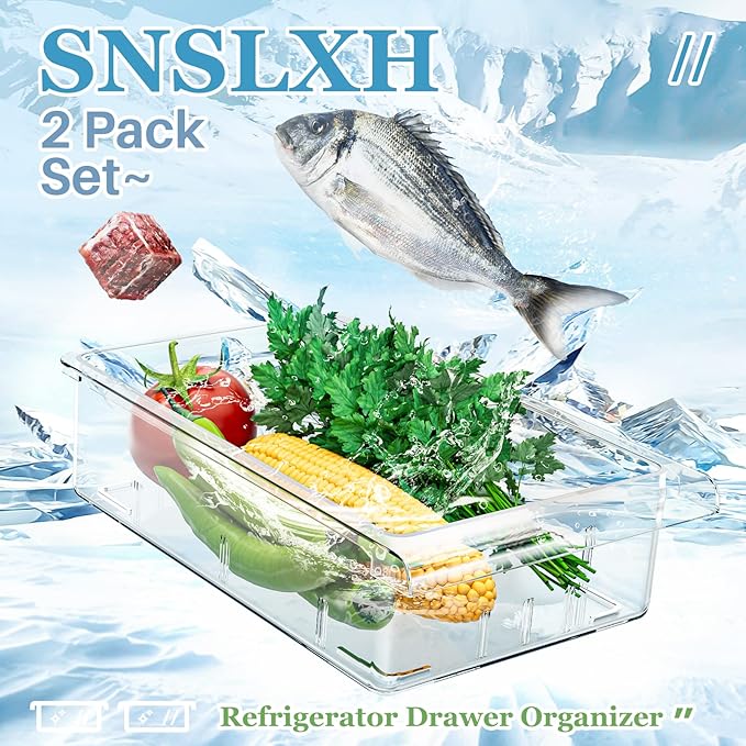 SNSLXH 2 Pack Refrigerator Drawer Organizer, Pull Out Shelf Storage Transparent Organizer for Egg, Fruit, Vegetable, Seafood, Meat, Fit All Fridge Shelves Under 0.6''