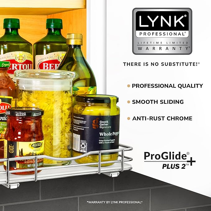 LYNK PROFESSIONAL® Pull Out Spice Rack Organizer for Inside Kitchen Cabinets - 10-3/8 inch Wide - Slide Out Drawer – Chrome Sliding Spice Organization for cabinet - Spice Racks - 1 Tier