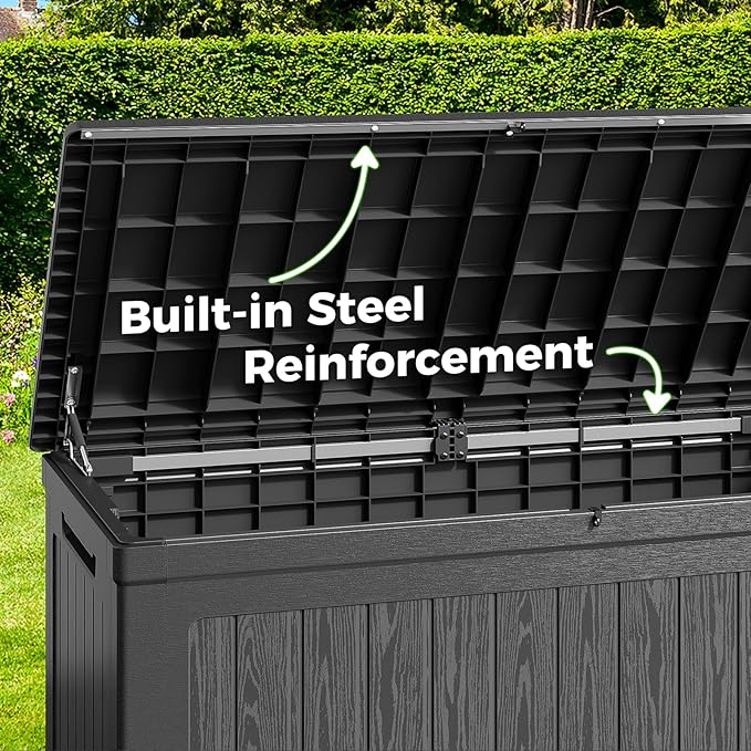 Lyromix 230 Gallon Outdoor Storage Box, UV-Resistant Waterproof Deck Box Outdoor with Lockable Design (Lock Not Included) and Hydraulic Lid, Patio Storage Bin for Cushions and Garden Tools, Black