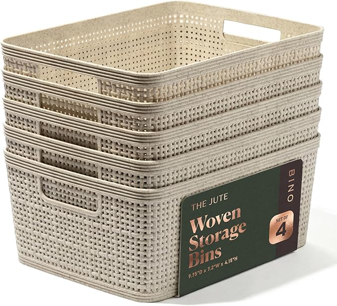 BINO | Woven Plastic Basket | Small (Natural), 5-Pack | THE JUTE COLLECTION | Home Organization, Space - Saving Storage, Stylish Design | Jute Basket | Plastic Storage Basket