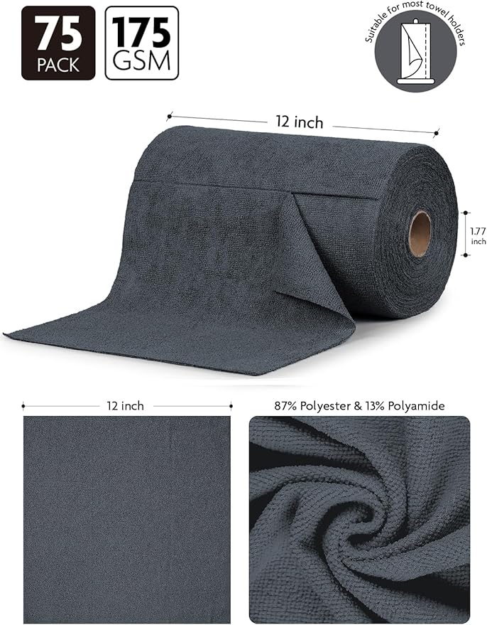 Fantasticlean Microfiber Cleaning Cloth Roll -75 Pack, Tear Away Microfiber Towels, 12" x 12", Reusable, Washable, Scratch Free, Ultra Absorbent for All-Around Cleaning Supplies (DimGray)