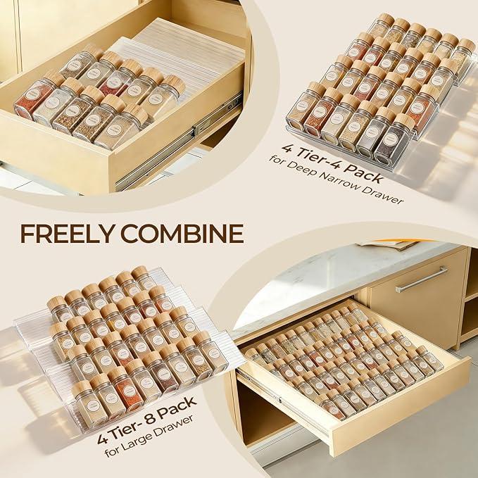 Acrylic Spice Drawer Organizer 4 Tier(4 Packs), Expandable from 11" to 22" Seasoning Organizer Tray for Kitchen - Clear Tiered Spice Rack for Drawer, No Assembly Required(Jars Not Included)