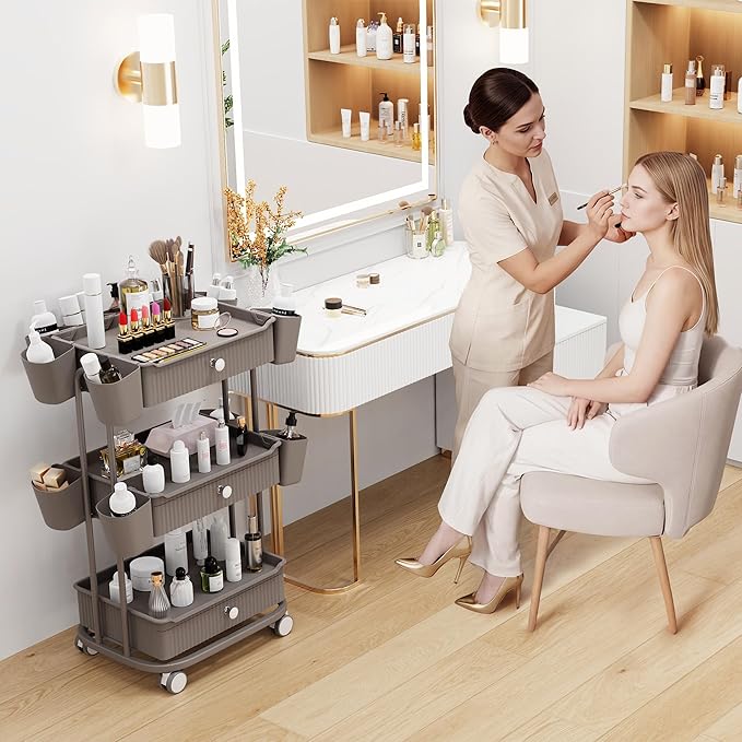 3 Tier Drawer Shelf Beauty Cart with 12 Movable Storage Organizer, Thickened Durable ABS, 360° Wheels for Salon Station for Hair Stylist, Beauty Salon, Spa Massage Parlor, Makeup Organizer - Brown