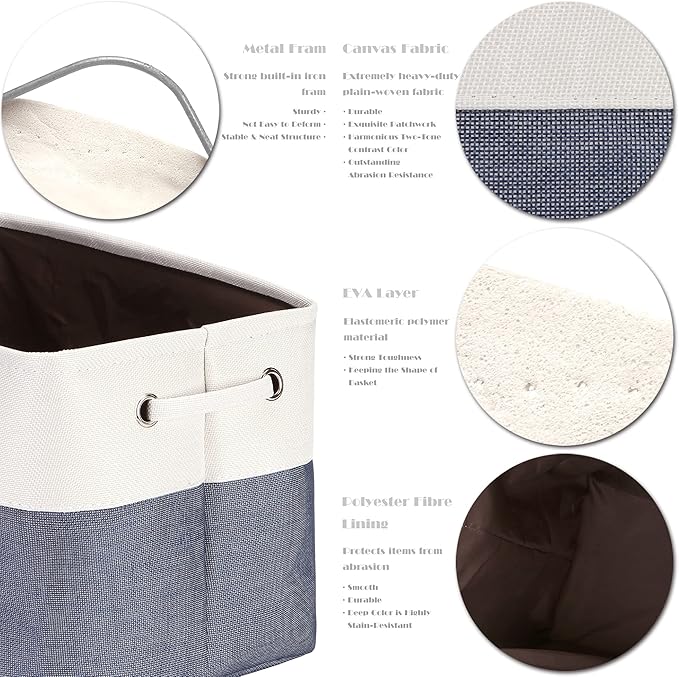 Sea Team 3-Pack Large Storage Basket Set, Trunk Organizer, Clothes Toys Bin, 15 x 10 x 10 Inches, Big Rectangular Canvas Fabric Collapsible Shelf Box with Handles for Kids Room (Denim/White)