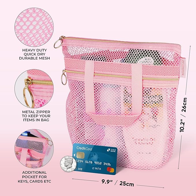 Mesh Shower Bag 10.2x9.9'' Quick-Dry Caddy with Zipper & 2 Pockets. Portable Toiletry Tote for Bathroom, Gym, Travel, Camp, Beach, for Sunscreen, Dorm & College Essentials (Pink)