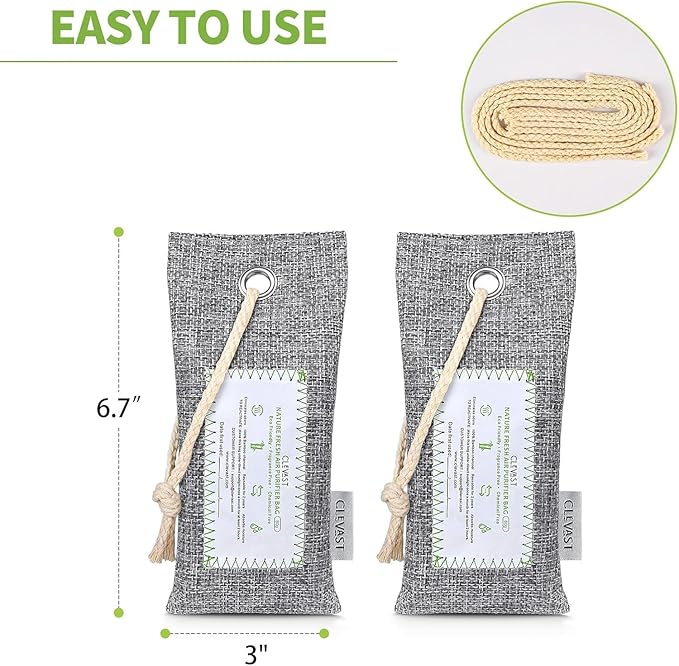 CLEVAST Activated Bamboo Charcoal Odor Absorber - 6 x 60g Air Purifying Bags Natural Fresh, Deodorizer and Moisture Eliminator for Home, Closet, Shoes, Car Air freshener Grey