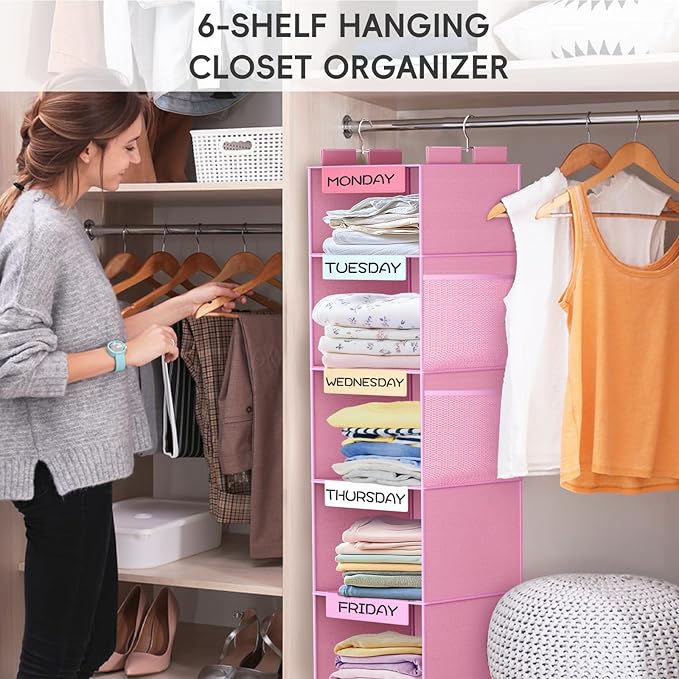 VERONLY Weekly Hanging Closet Organizer for Kids, 6-Shelf Clothes Storage with Labeled Days of The Week Monday Through Friday, Weekday and Weekend, Days of The Week Clothes Organizer