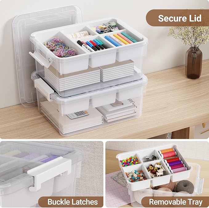HOMETUK 20Qt Stackable Storage Bin with Lid & Tray, Clear Plastic Latching Box Organizer with Divider Portable 5Gal Container for Arts & Crafts, Home and Car Trunk Organization, 1Pack