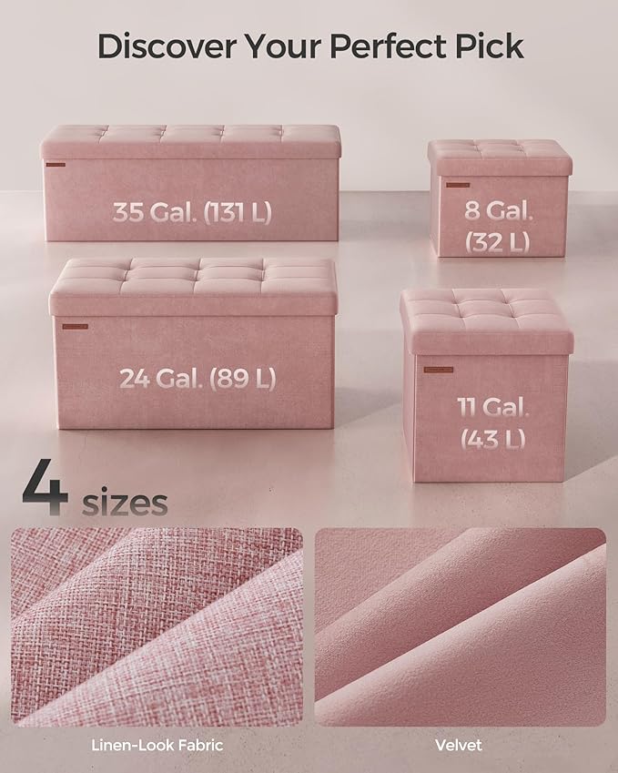 SONGMICS Storage Ottoman, Foldable Small Ottoman Foot Rest, 12.2 x 16.1 Inches Foot Stool, Load up to 286 lb, for Living Room, Bedroom, Dorm, Jelly Pink ULSF200R01