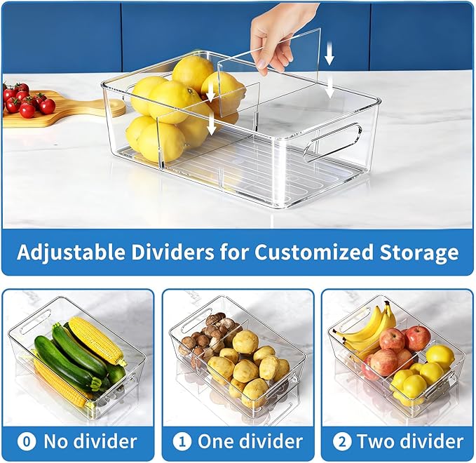 Mpotmiy 10 Pack Pantry Organizers and Storage,Clear Plastic Containers with 2 Dividers for Kitchen,Fridge Organization and Storage,Acrylic Bins for Pounches,Spice Packet,Snack organzier