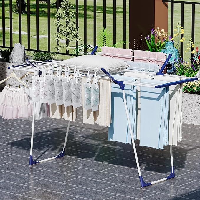 APEXCHASER Clothes Drying Rack - Foldable Laundry Rack Indoor Outdoor, Gullwing Drying Rack Clothing with 10pcs Clips + Bag, Collapsible Space-Saving Clothes Rack for Drying Towels Dolls, White