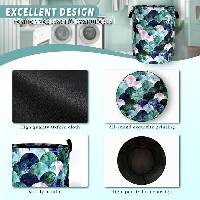 Green Mermaid Scales Laundry Basket Beautiful Scale Funny Laundry Hamper Foldable Oxford Cloth Colorful Tote Bag Clothes Toy Storage Bucket 18.9"x16.5" For Bathroom/Laundry Storage/Bedroom
