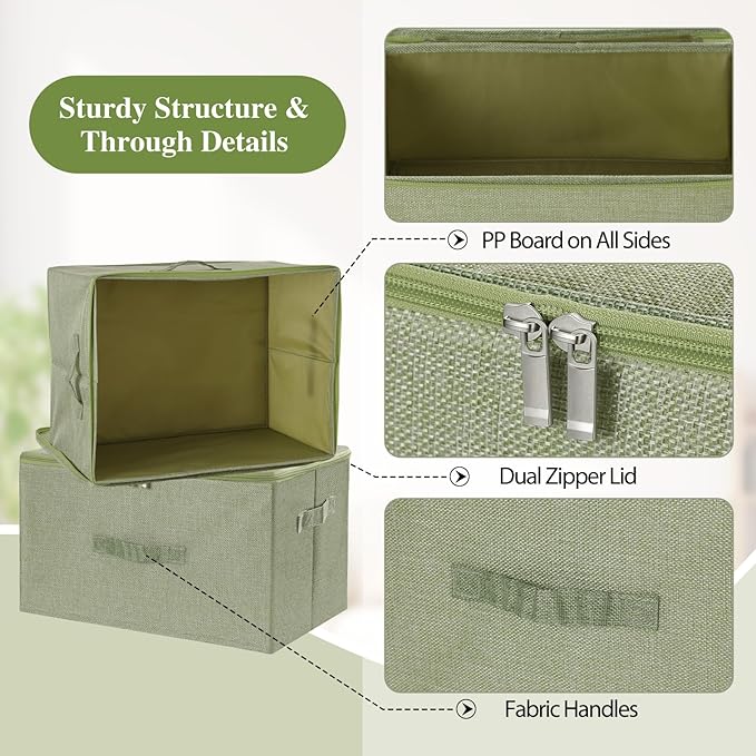 ANMINY Storage Bins with Zipper Lids 13 Qt Lidded Fabric Storage Boxes Baskets Cubes with Handles Collapsible Washable Cotton Linen Closet Shelf Clothes Organizer Containers - Green, Small