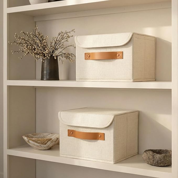 Decorative Linen Storage Boxes with Lids - Spacious Set of 2 Organizer Bins for Your Home Decor - The Perfect Small Container to Safely Store Photos, Documents and Memory Box Keepsakes in Style