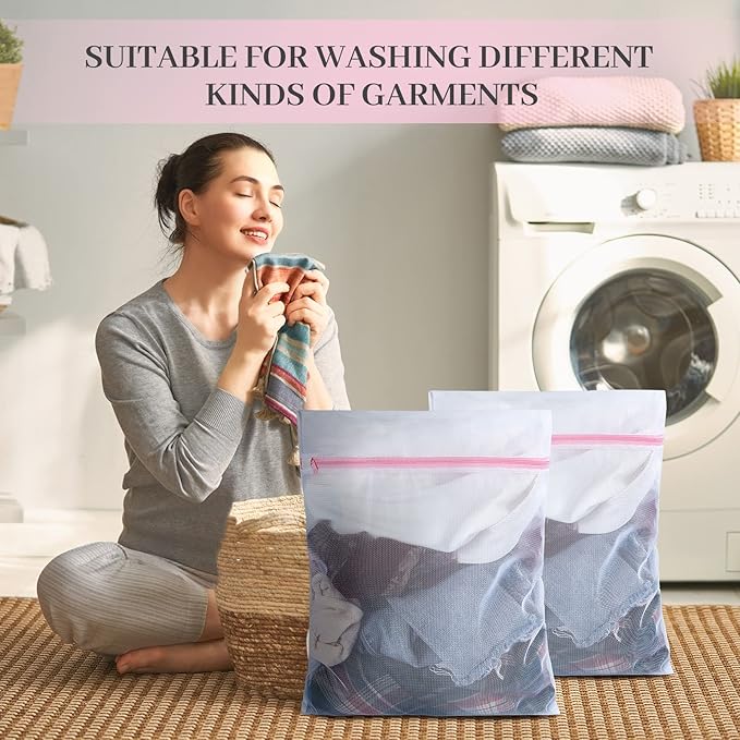 Nuenen 36 Pieces Mesh Laundry Bags Fine Mesh Wash Bags with Zipper Machine Washable Lingerie Bags for Washing Delicates Clothes Garment Underwear Blouse Hosiery Socks Travel, 16 x 20 Inches (Pink)