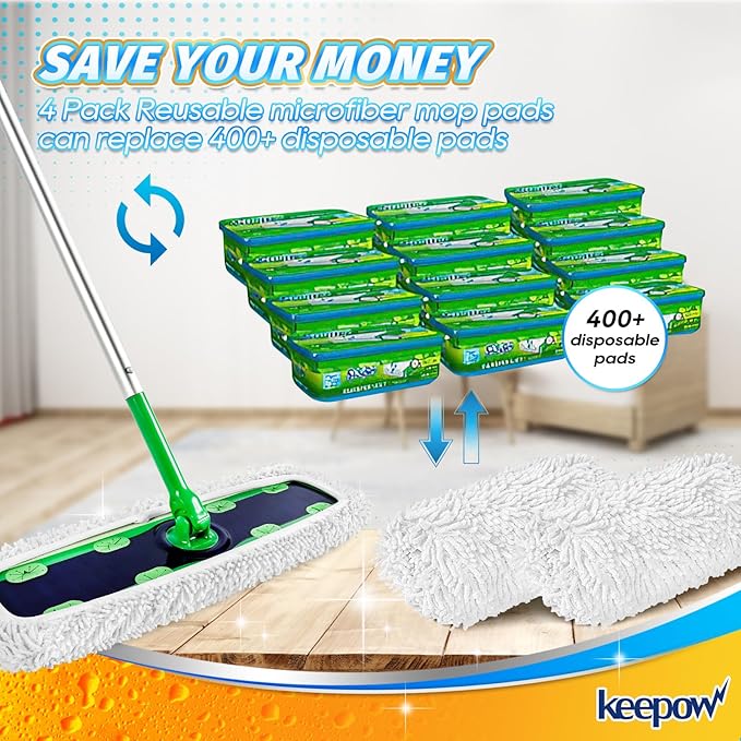 KEEPOW Reusable XL Wet Refills Compatible with Swiffer Sweeper XL, X-Large Dry Sweeping Cloths, Wet Mopping Cloths, Washable Microfiber XL Mop Pads Refills for Surface/Hardwood Floor Cleaning, 4 Pack