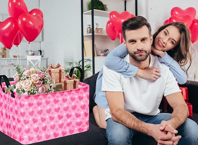 Girls Storage Basket Heart Print Storage Cube for Women, Closet Shelf Organizer Bins Empty Gift Basket with Handles Girls Nursery hamper Kids Toys Books Box Room Deco