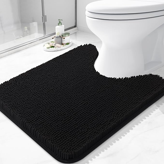 Arotive Bathroom Toilet Rugs U Shaped 24x20, Extra Soft Absorbent Shaggy Chenille Contour Bath Rugs for Toilet, Machine Washable Non-Slip Contoured Bath Mats, Black