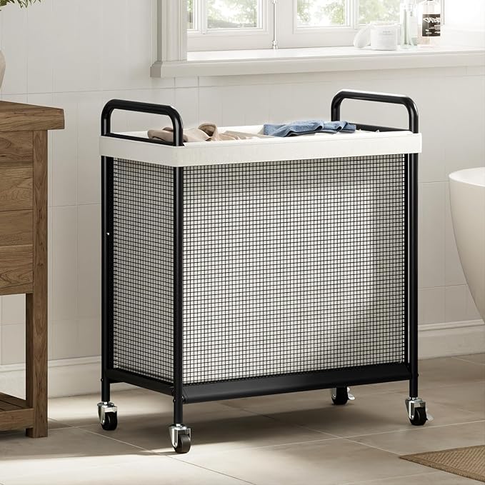 WOWLIVE Laundry Hamper 2 Section, 100L Rolling Laundry Basket with wheels and Removable Liner Bag, Double Laundry Sorter with Metal Handle, Clothes Hamper for Laundry Room, Bathroom and Dorm, Beige