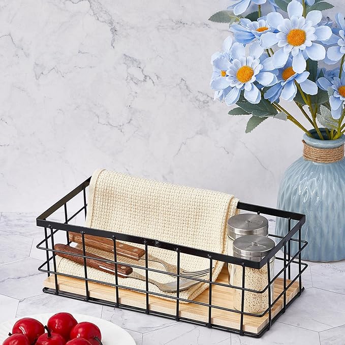 Funrous 2 Pcs Metal Small Wire Basket Wall Hanging Wire Basket Hang Small Bathroom Kitchen Storage Organizer Toilet Paper Mesh Storage Bin Shelf Rack with Base(Black,11.42 x 5.12 x 3.94 Inches)