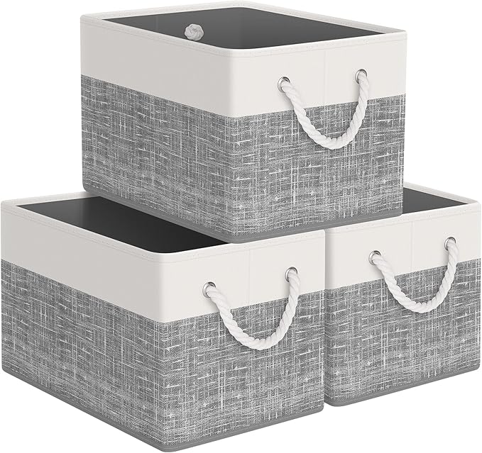 Storage Bin,Collapsible Storage Basket For Organizing,Large Storage Boxes With Rope Handles,Storage Containers,White & Grey,3 Pack