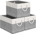 Storage Bin,Collapsible Storage Basket For Organizing,Large Storage Boxes With Rope Handles,Storage Containers,White & Grey,3 Pack