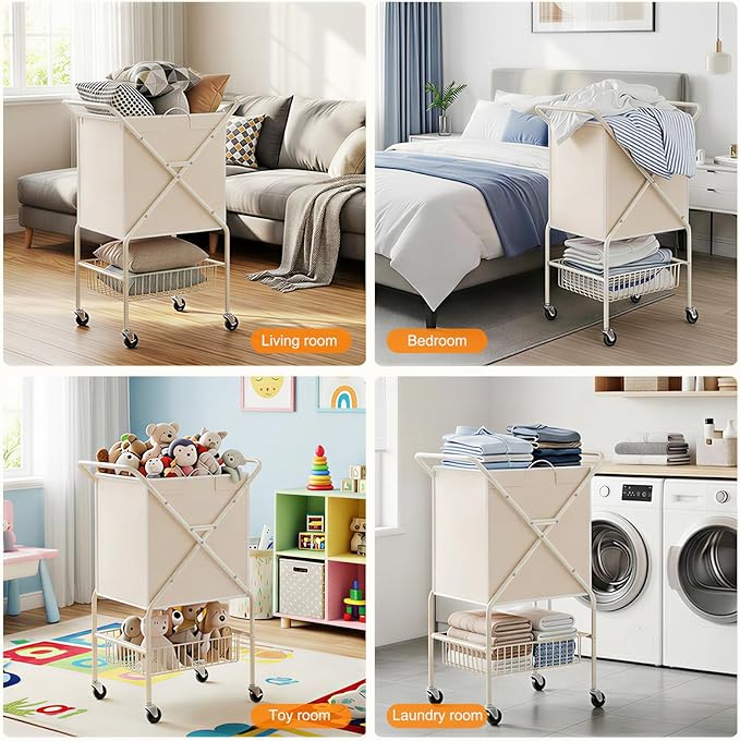 Laundry Basket with Wheels:88L Rolling Laundry Cart Foldable Metal Frame Dirty Clothes Laundry Hamper 36"H 4 Caster 2 Brake Waterproof Removable Liner Carry Handle for Dorm Laundry Room,Cream