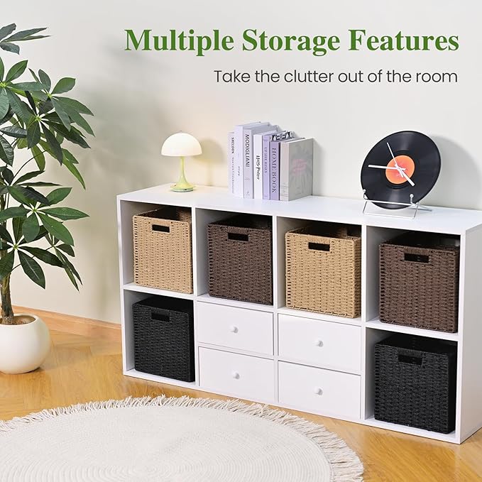 Woven Wicker Storage Baskets 2-Pack, 11x11 Handwoven Paper Rope Organizer Bins, Foldable Cube Storage Cubes with Built-in Handles for Shelves and Closet Organization(Dark Brown）