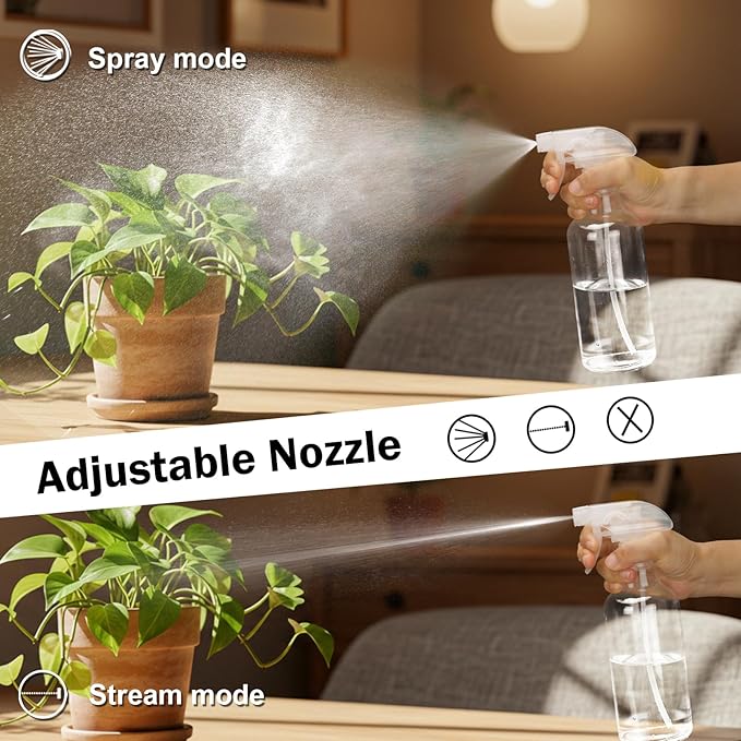 Glass Spray Bottles 16.9oz Empty Spray Bottle Mist/Stream Spraying Small Refillable Containers for Hair Care, Cleaning Solutions, Plants, Essential Oils 2 Pack (Clear, 16.9oz)