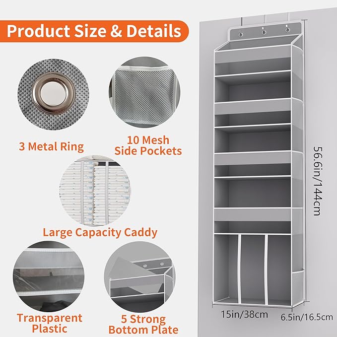 Heavy Duty Over the Door Organizer with Large Capacity Caddy, Behind Door Storage with 10 Mesh Side Pockets, Back of Door Hanging Organizer for Closet, Bathroom, Laundry