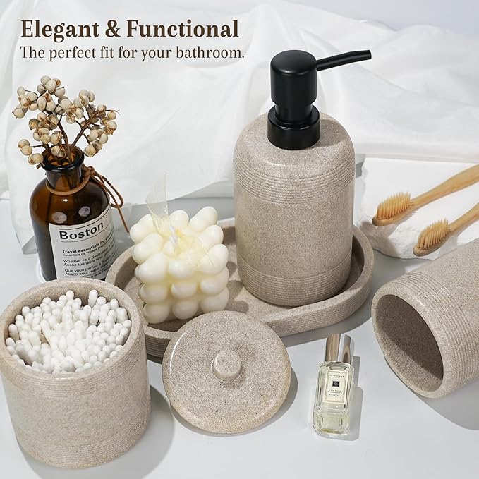Haturi Beige Bathroom Accessories Set, 4 Pcs Stone Style Lotion Dispenser, Toothbrush Holder, Qtip Holder, Vanity Tray for Countertop Organization – Elegant Modern Neutral Bathroom Decor