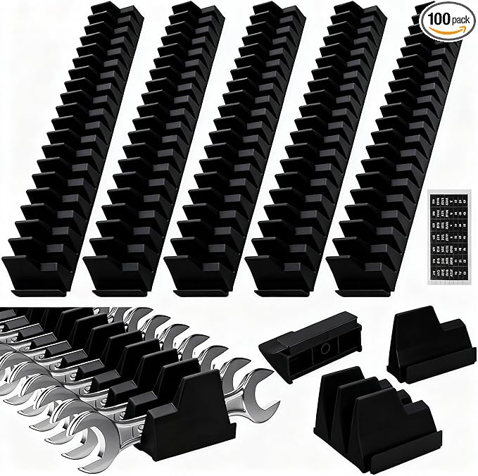 Chunful 100 pcs Modular Wrench Organizer Holder Wrench Tool Organizers Storage Racks Set with Metric & SAE Label for Tool Box Drawer Storage for Father Brother Professional Mechanics Men (Black)