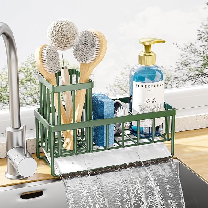 Kitsure Sponge Holder for Kitchen Sink - Rustproof Stainless Steel Sink Caddy Organization and Storage Essentials with High Brush Holder, Home Decor Accessories, 7.9" x 3.7" x 6.2", Sage Green