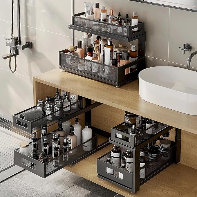 Corbyles 2 Pack 18.5IN-Depth Under Sink Organizer With Next-Gen Ball-Bearing Slides,2-Tier Pull Out Cabinet Storage,Height Adjustable Drawer Shelf for Bathroom,Kitchen,Laundry,Cabinet,Pantry-Black