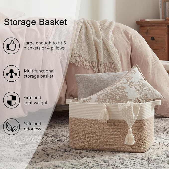 OIAHOMY Large Storage Basket, Cotton Rope Woven Blanket Basket, Toy Bin for Baby Room, Container for Blanket Storage in Living Room, 20''×16''×12'', Brown & White