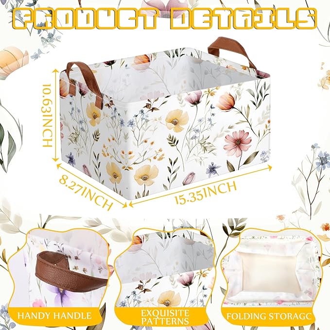 Boao 3 Pcs Wildflowers Storage Bin Wildflowers Collapsible Large Storage Baskets for Gifts Canvas Laundry Basket Foldable Box with Handle for Office Home Bedroom Clothes