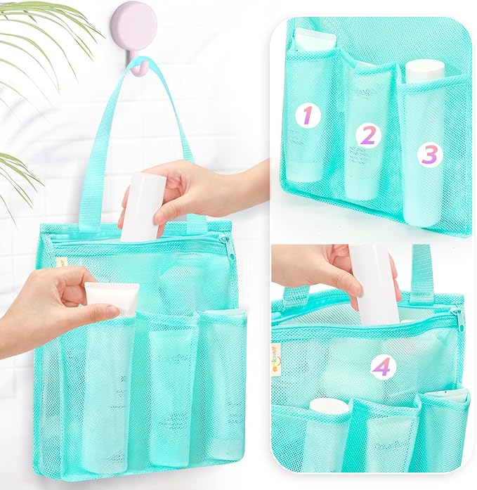 famichan Mesh Shower Caddy Portable, Gym Travel Camp Dorm Room Essentials for College Student Boy Girl, Bathroom Shower Bag - Blue