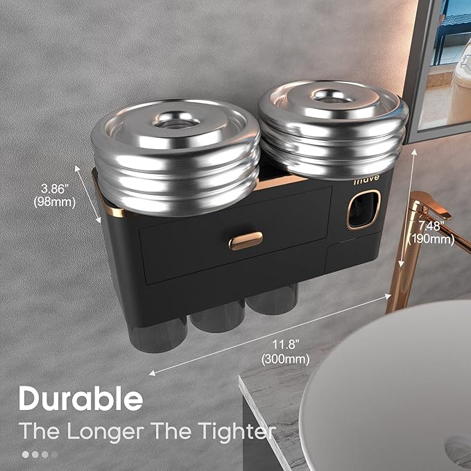 iHave Toothbrush Holders Wall Mounted with Toothpaste Dispenser & 3 Cups - Luxury Black and Gold Design for Bathroom Decor, All-in-One Bathroom Organizers & Storage for Toothbrushes and Accessories