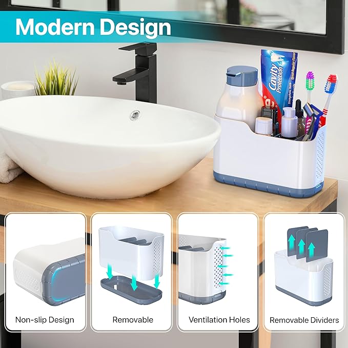 Bathroom Toothbrush Organizer with Soap Dispenser 2-in-1, Bathroom Countertop Toothpaste Organizers with Tooth Brush Holders Set, Bathroom Sink Organizer for Brushes