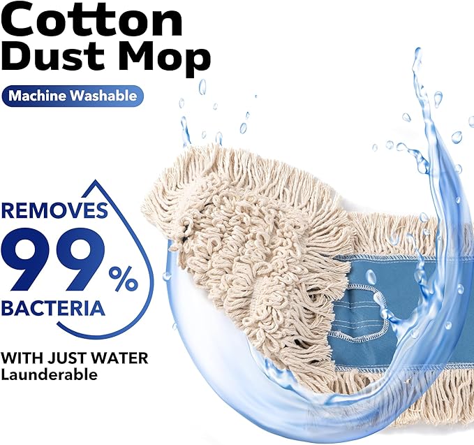 Matthew Cleaning 36'' Industrial Strength Cotton Dust Mop Refill Washable Replacement Heads for Residential & Commercial Use Fit Standard Dust Mop Frames, Hardwood, Concrete Floors Blue&White 6 Pack