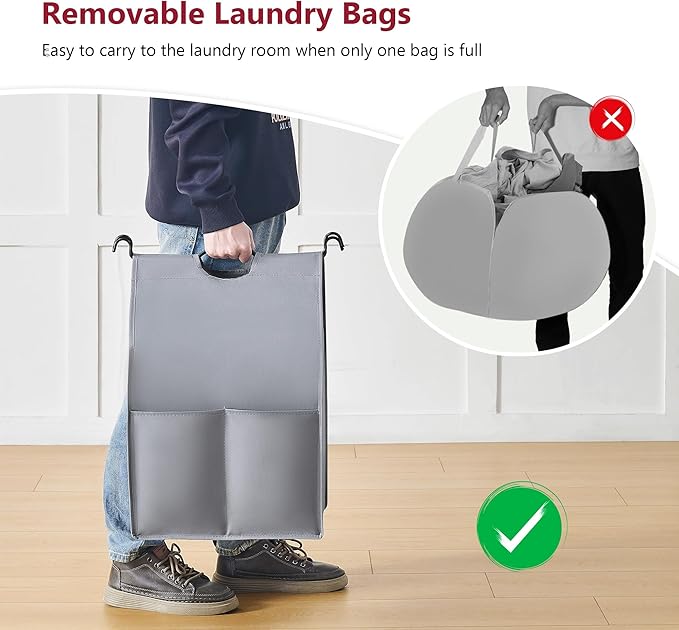 Tajsoon Laundry Sorter 4 Sections, Laundry Separator Hamper with Heavy Duty Lockable Rolling Wheels, Laundry Divider with Removable Bags for Dirty Clothes Storage, Black & Grey