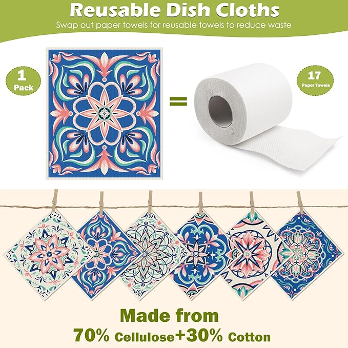 6 Packs Swedish Paper Cloths for Kitchen, Reusable Paper Towels Washable Dish Rags, Highly Absorbent Kitchen Towels Quick Drying Swedish Sponge Cleaning Dish Cloths(Pink Six-Petal Floral)